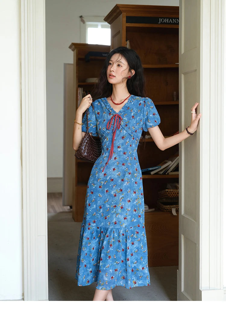 MISHOW Women's V-neck Lace Up Dress 2025 Summer New Female Fashion Puff Sleeve Chiffon Print Dresses Ladies Clothing MXE39L2401