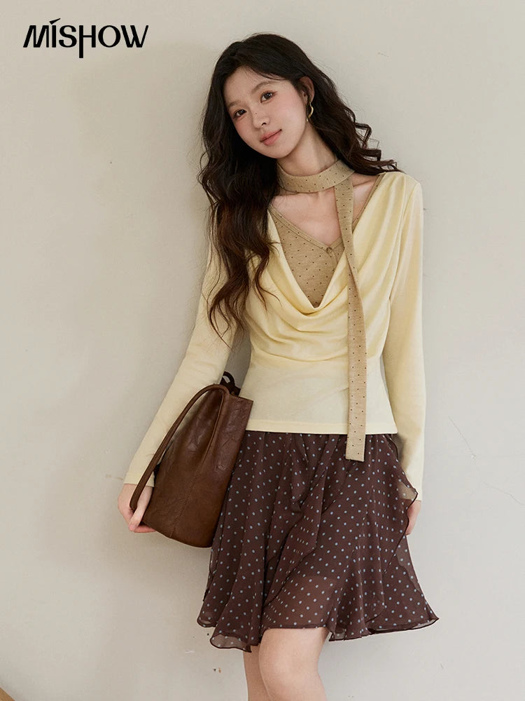 MISHOW Women's Wool Blend Fake Two Piece Draped Neck Knit Top 2026 Spring Wave Point Ribbon Contrast Color Casual Top MXF13Z2977