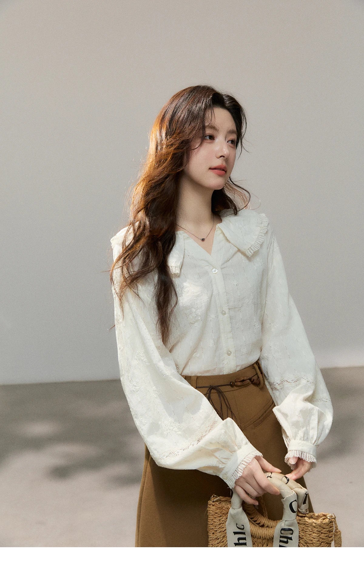 MISHOW Women's Beige Apricot Lace Shirts 2026 Spring Peter Pan Collar Micro Lantern Sleeves Top Casual Elegant Shirt MXF108C0813