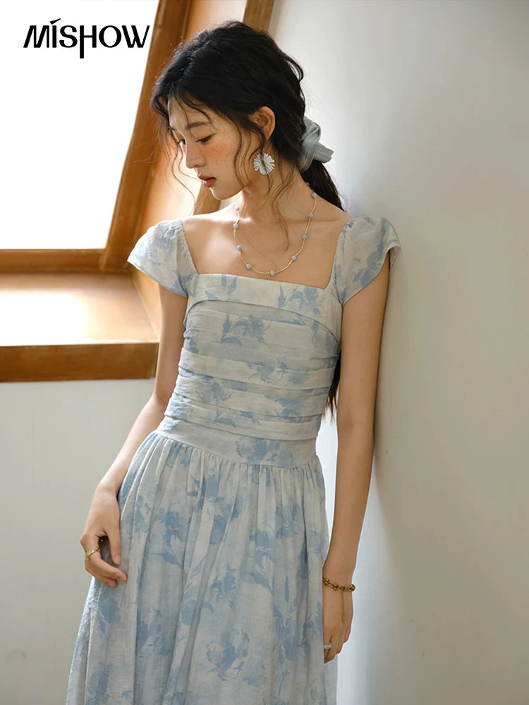 MISHOW Women's Fashion Print Dress 2025 Summer Square Neck Flying Sleeve Vacation High Waist Dresses Women's Clothing MXE35L2274