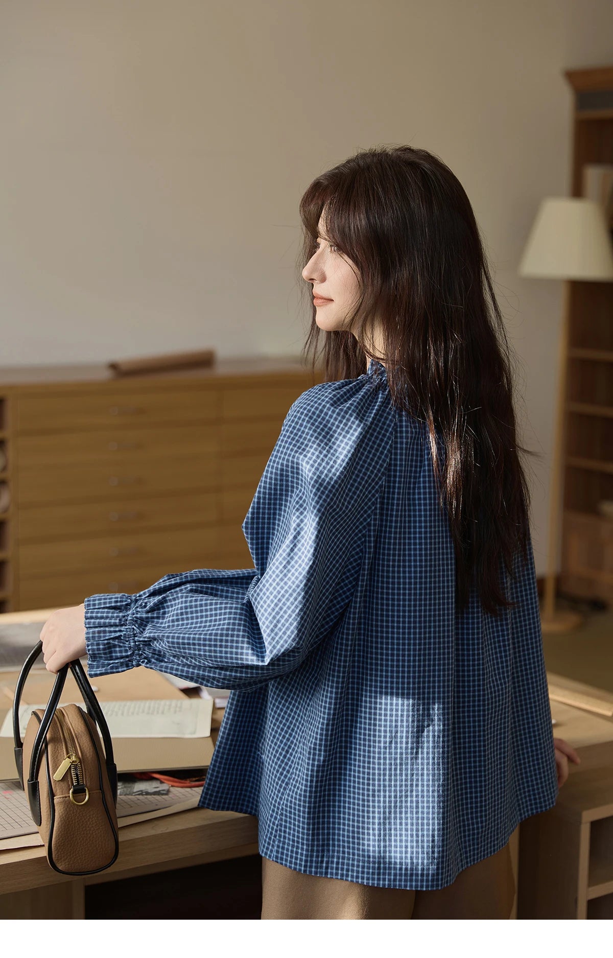 MISHOW Blue Plaid Embroidered Shirt Autumn 2025 Black Fungus Edge Collar Lace-up Doll Shirt 100cotton Loose Retro Top MXE44X2467