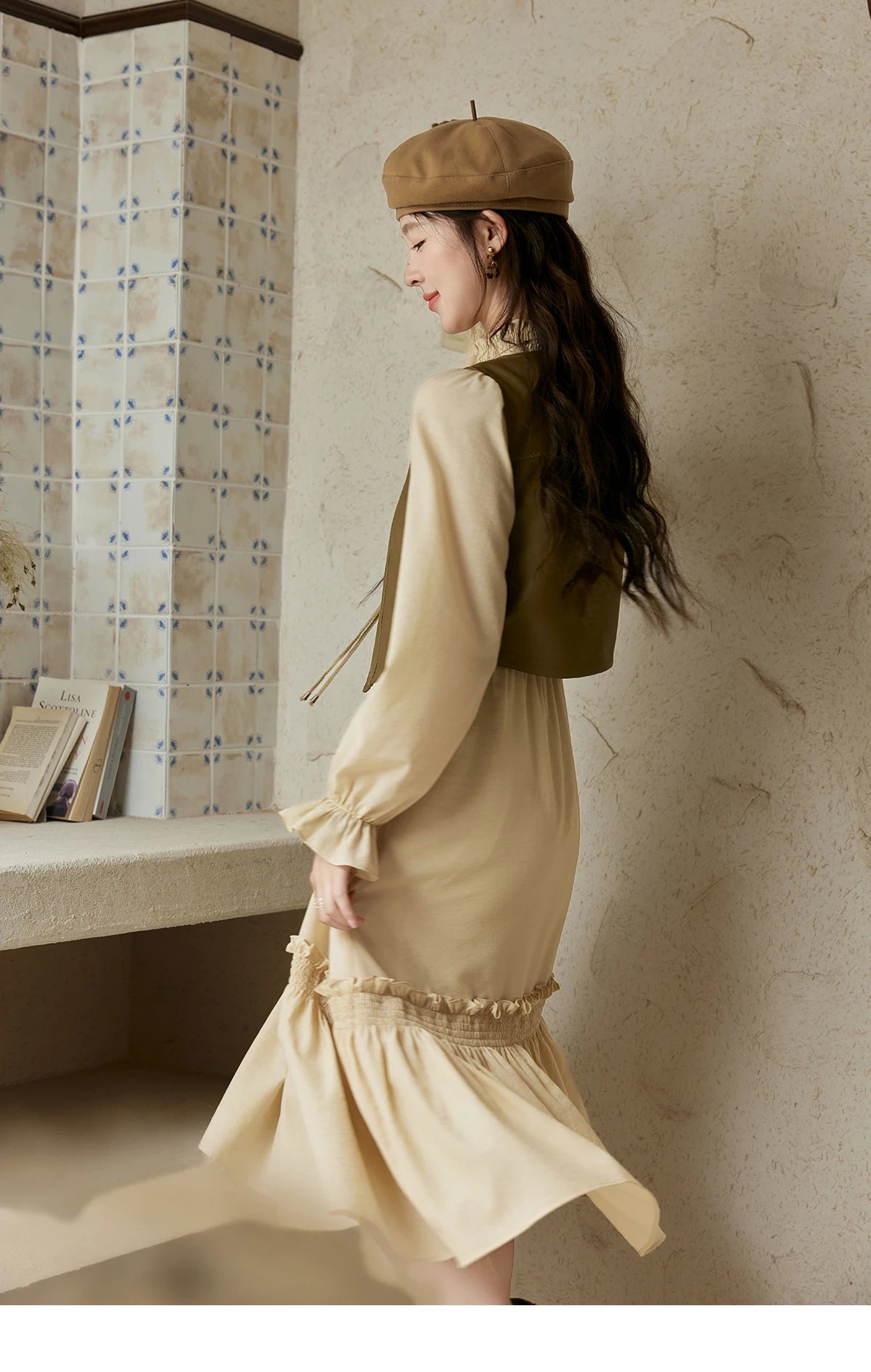 MISHOW French Stand Neck Elasticity Dress 2024 Autumn Waist Elegant A-line Dresses Elastic Lotus Leaf Sleeves Dress MPD42L2036