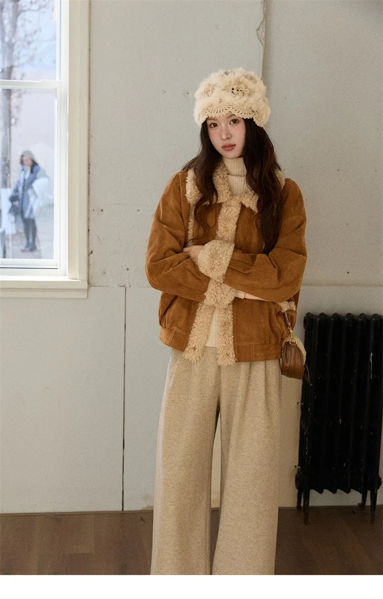 MISHOW Woman Short Jacket 2025 Winter Retro Brown Suede Patchwork Fur Coat Loose Faux Lambswool Turn Down Collar Coat MXE89W0895