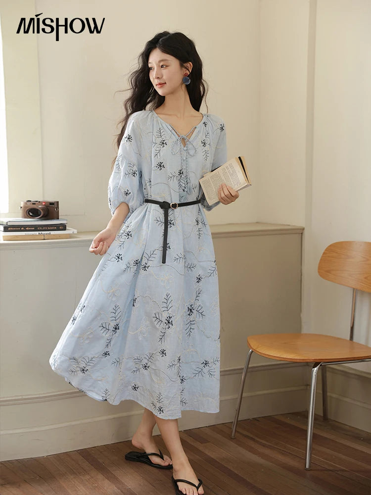 MISHOW Blue Flower Embroidered Dress 2025 Autumn Seven Cent Lantern Sleeve Tassel Tie Rope V-neck Dresses with Belt MXE42L2493
