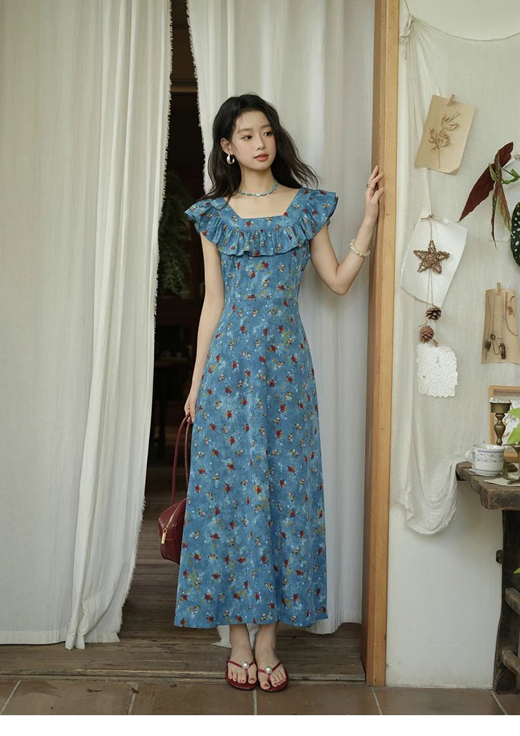 MISHOW Women's Fashion V-neck Ruffled Floral Dress Summer 2025 Flying Sleeve Waist Lace Up Casual Vacation Dresses MXE39L2436