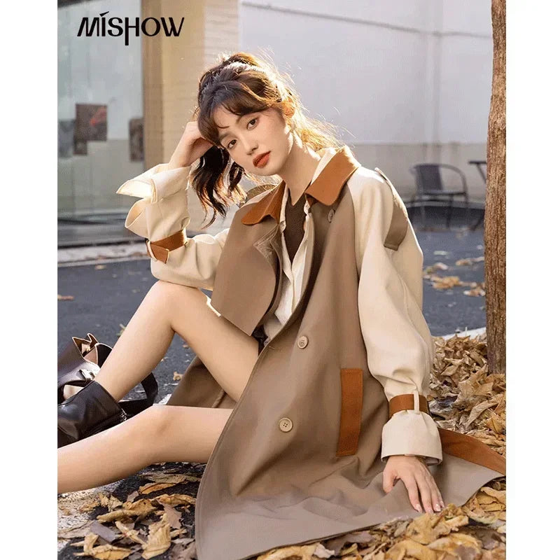 MISHOW Autumn Women's Khaki Trench Contrast Color Woman Clothes Spliced Turn-down Collar All-match Casual Jacket MXB31W0367