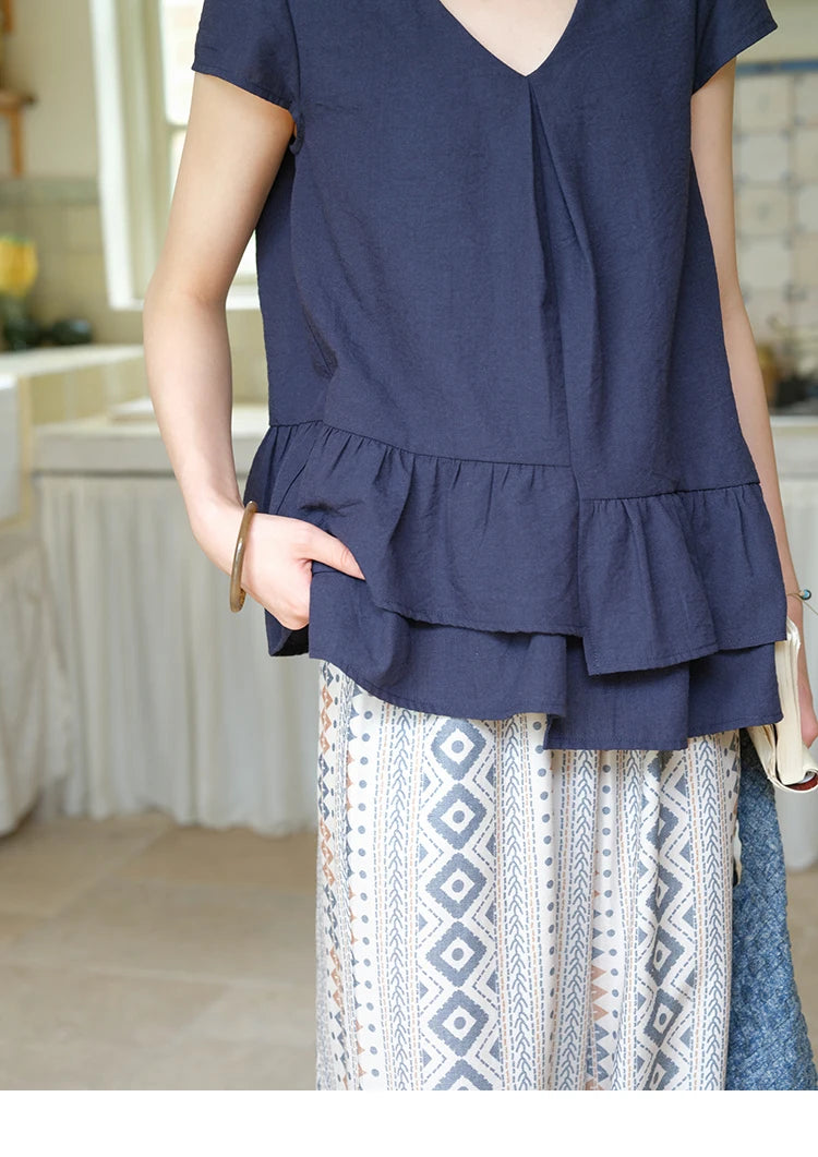 MISHOW Women's Two Piece Set 2025 Summer Spliced Lotus Leaf Edge V-neck Blouse Fashion Geometric Wide Leg Pants Set MXE39T0670