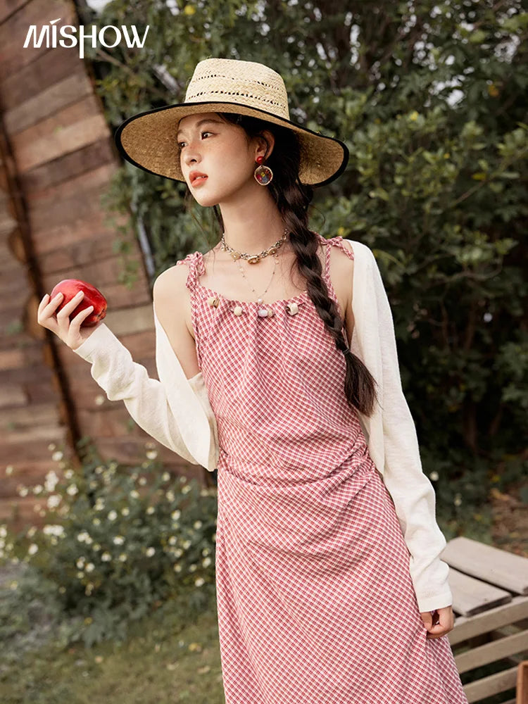 MISHOW Red Plaid Summer Camisole Dress Women New 2025 Sleeveless Elastic Waist Retro Dresses Woman Sweat Fashion MXE32L2198