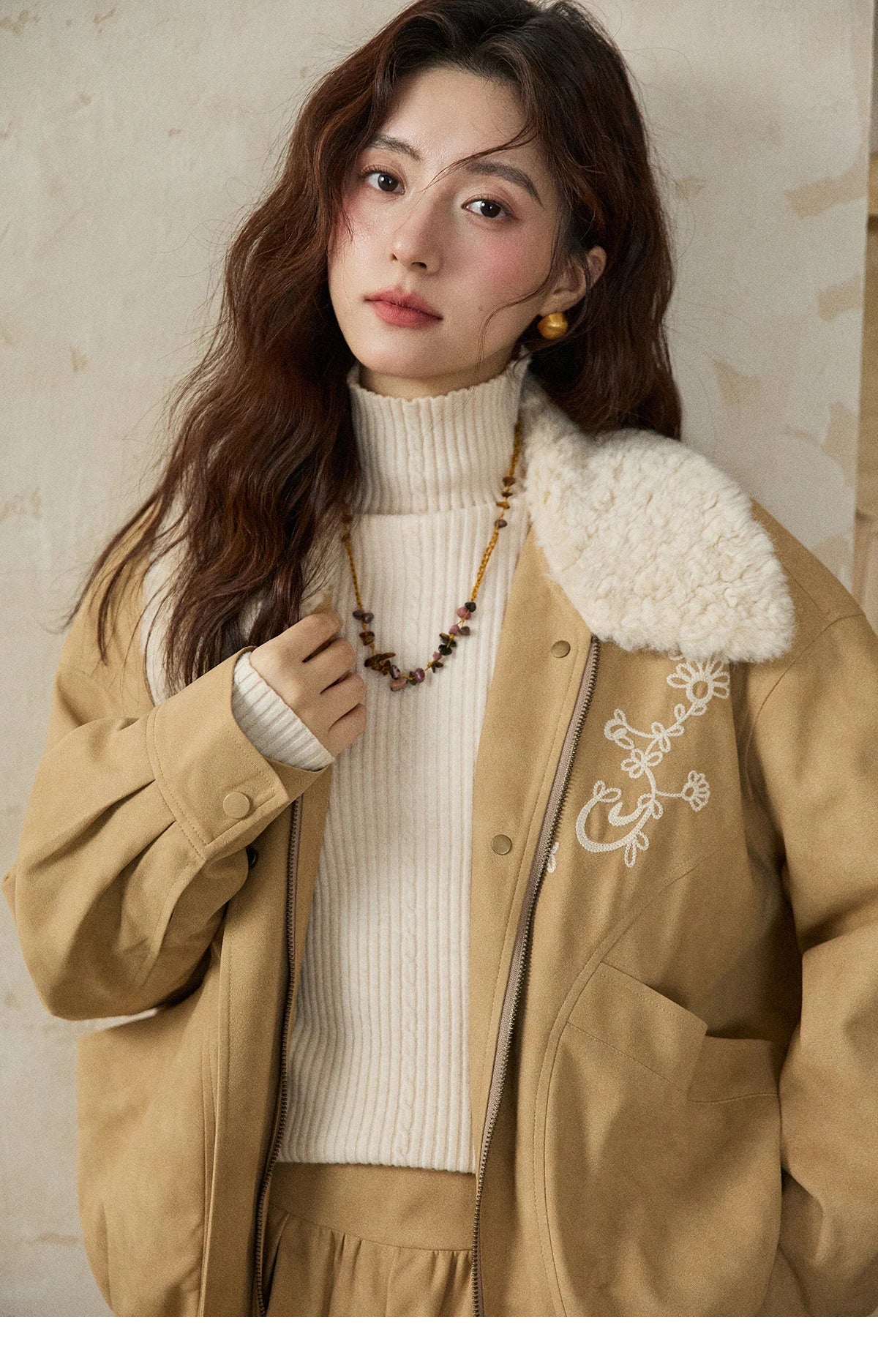 MISHOW Women's Floral Embroidered Jacket 2025 Winter French Style Yellow Plush Lapel Zip-up Coat Loose Warm Jacket MXE87W0932