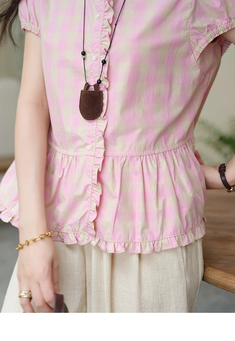 MISHOW Women's Puff Sleeve Plaid Button Shirt 2025 Summer New Fashion O-Neck Wood Ear Casual Shirt Cotton Pink Top MXE39X1932