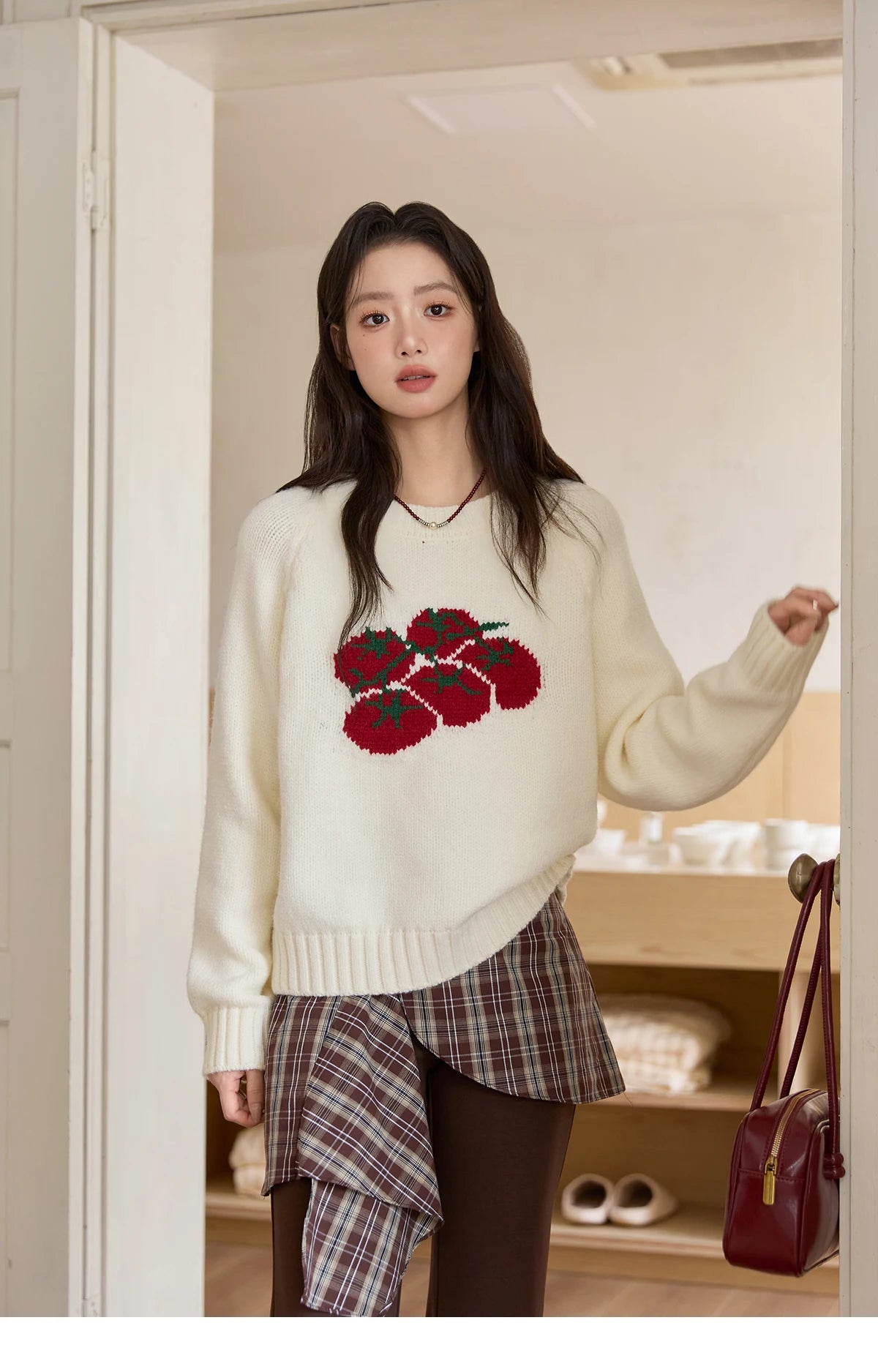 MISHOW Women's Off-white Sweater 2025 Winter new Tomato Jacquard Long-sleeved Sweater Loose Casual Knitted Pullover MXE51Z2692