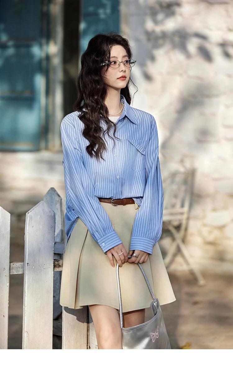 MISHOW Blue Striped Shirt for Women 2025 Spring Versatile Office Lady Tops Pocket Turn-down Collar Long-Sleeve Shirts MXE11C0399