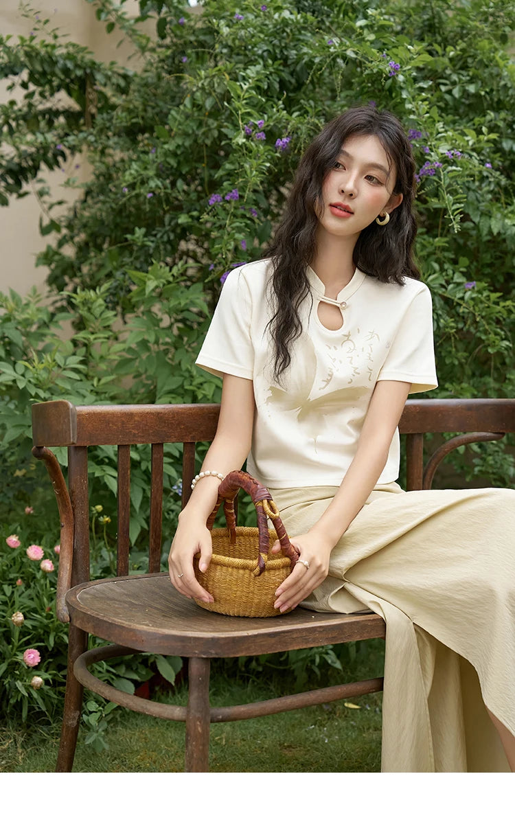 MISHOW Chinese Stand Collar Top Pleated Skirt Separately 2024 Summer Short Ink Painting Printed T-shirt A-line Skirt MXD27T0272