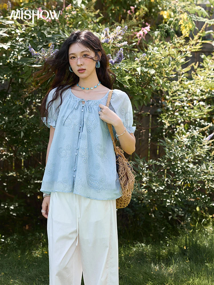MISHOW Embroidery Flower Shirt for Women 2025 Summer New Fashion Loose Puff Sleeve Round Neck Top Female Clothing MXE39X1922