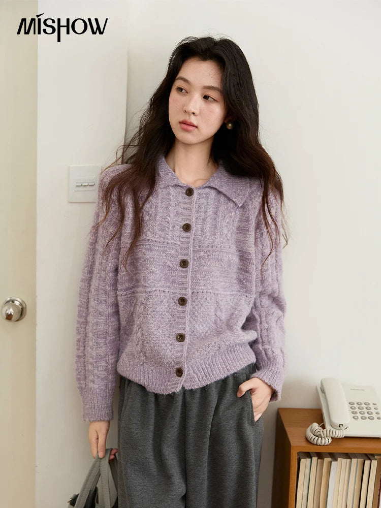 MISHOW Knitted Cardigan Women 2025 Autumn Winter Simple Turn-down Collar Loose Comfortable Single-breasted Sweater MXE48Z2611