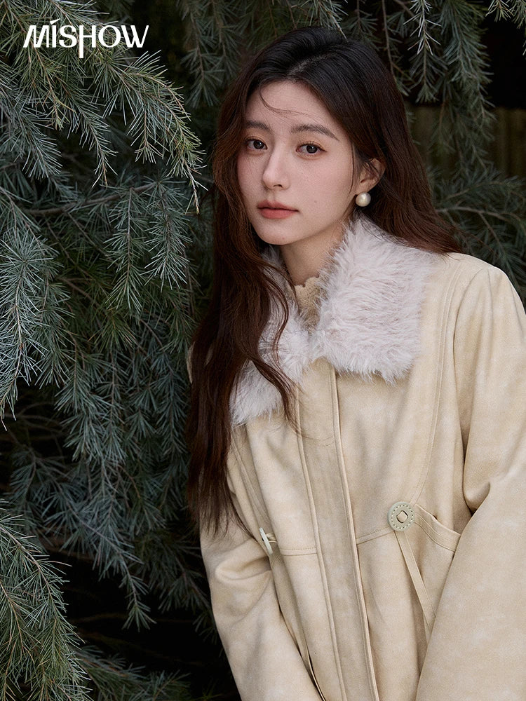 MISHOW Apricot Suede Jacket with Plush Collar Lapel for Women 2025 Winter Warm Overcoat Ladies Retro Thickening Coats MXE91W0987