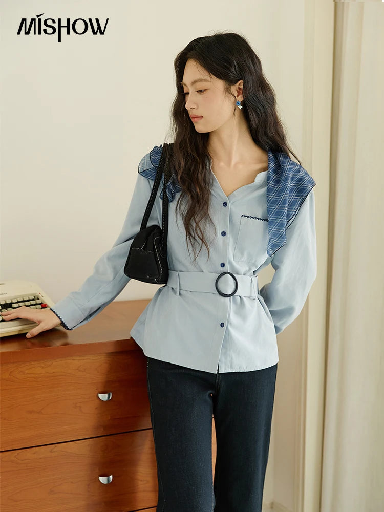 MISHOW Women's Haze Blue Peach Skin Velvet Shirt Autumn 2025 Contrast Color Design Waist Shirts Commute Versatile Top MXE47X2497