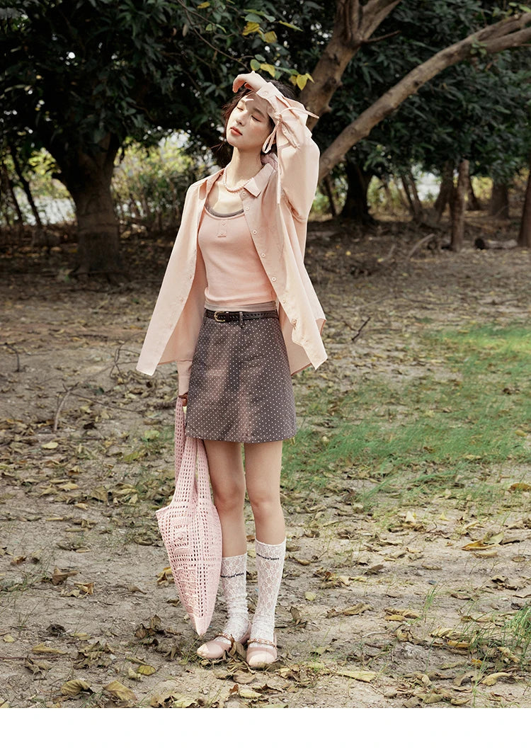 MISHOW Pink Long Sleeve Shirt for Women Spring 2025 Korean Splicing Lace Bow Tie Shirt Polo-neck Solid Versatile Tops MXE16C0767