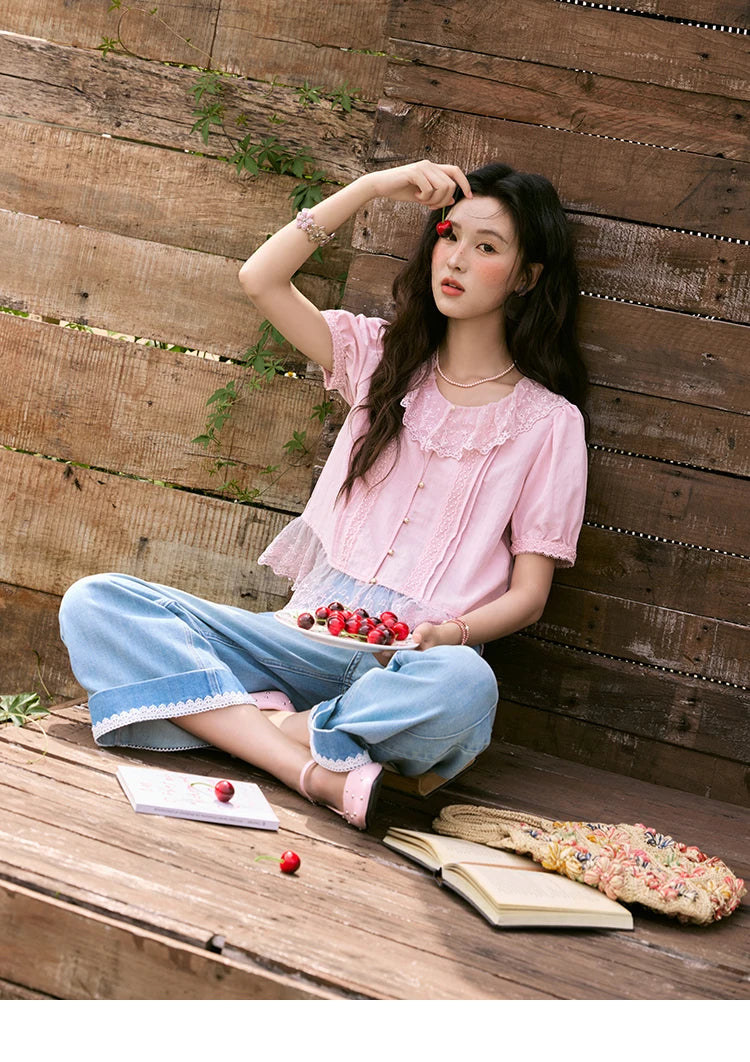 MISHOW Women's Pink Spliced Lace Round Neck Blouses 2025 Summer Lace Hem Sweet Blouse Single Row Metal Buttons Top MXE32X1768