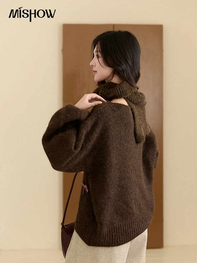 MISHOW Women's French Retro Plaid Bow Sweater 2025 Winter Detachable Shawl Collar Thick Lantern Sleeve Knitted Tops MXE93Z2946