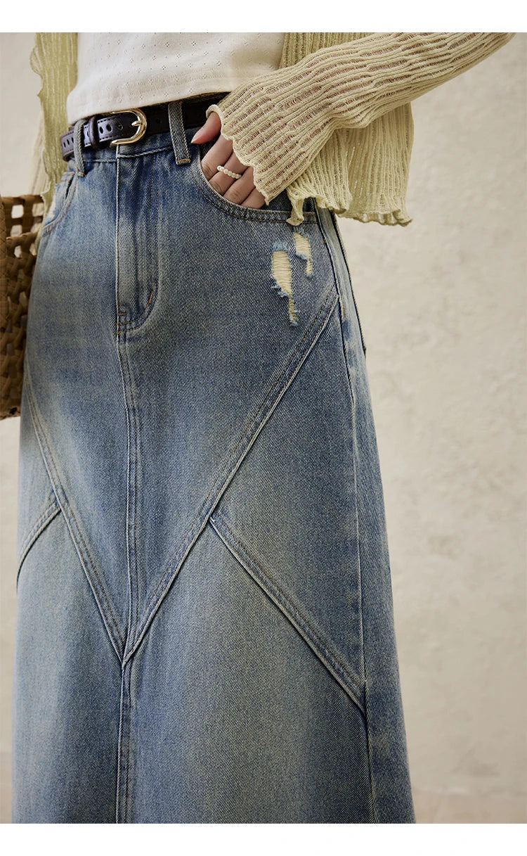 MISHOW Denim Skirt Women 2025 Spring Irregular Wash Denim Distressed Skirts Split Back Hem High Waist Commuter Skirt MXE14B0705