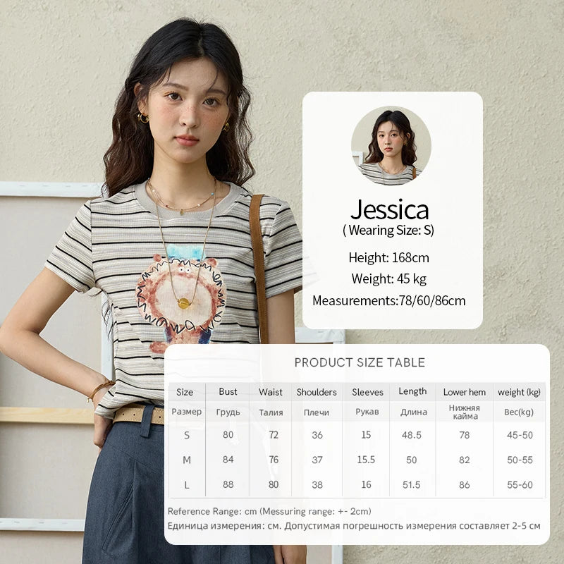 MISHOW Striped Cartoon Pufferfish Printed T-shirt for Women Summer 2025 Slim Shoulders Cotton Tees Short Sleeved Top MXE32T0538