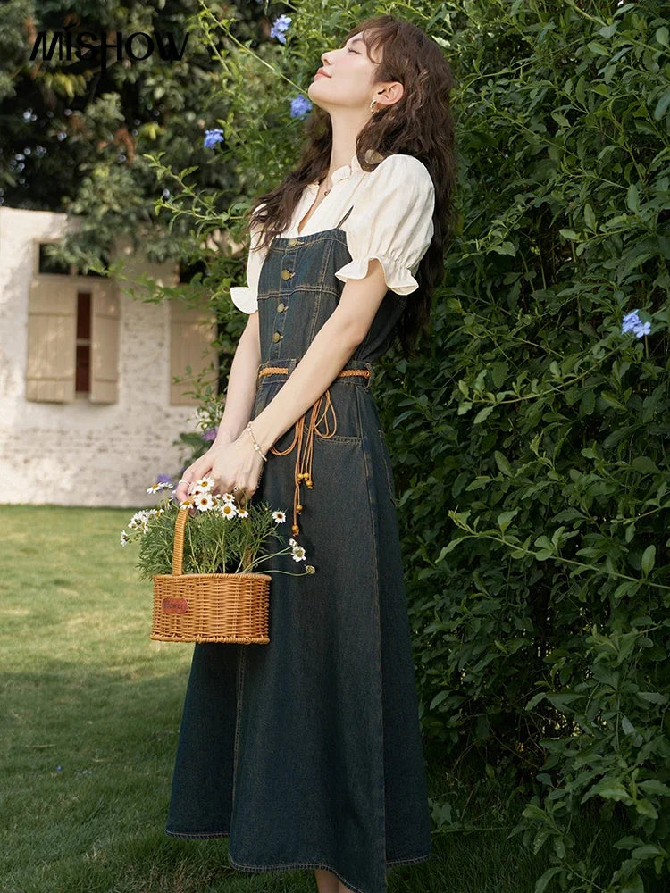 MISHOW Suspender Denim Dress Paired Blouse Separately 2024 Summer V Neck Puff Sleeve Top Back Elastic Waist Dress MXD21L1664