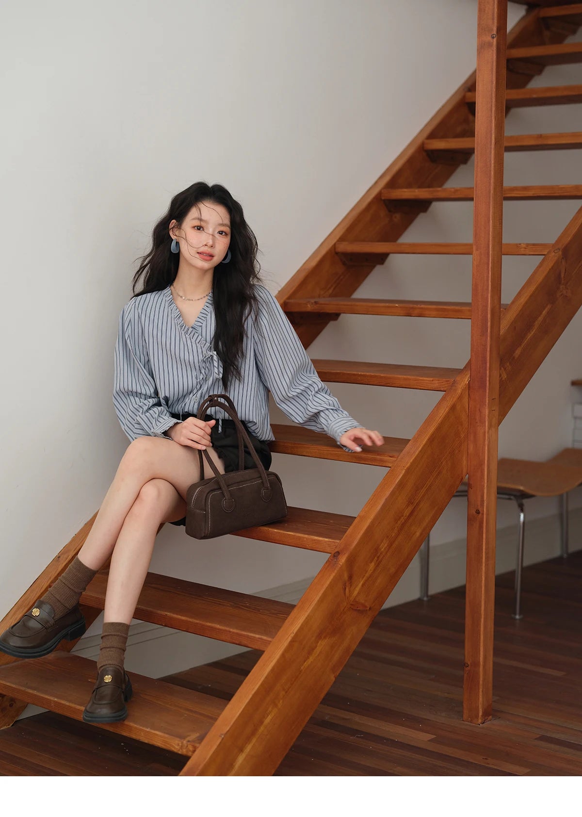 MISHOW Blue Striped Peach Skin Velvet V-neck Shirts for Women Autumn 2025 Asymmetrical Lace-up Commuting Casual Shirt MXE42X2472