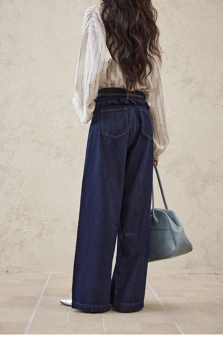 MISHOW Casual Spring Summer Jeans for Women 2025 Stitching Ruffle High Waist Jeans Female New Fashion Wide Leg Pants MXE16K0907