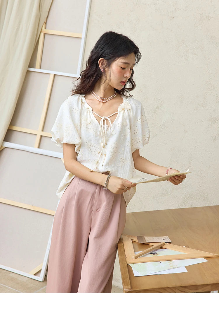 MISHOW Hem Lace Hollow Out Wide Leg Pants for Women Summer 2025 High Waist Loose Pink Pants Straight Leg Trousers MXE31K0900