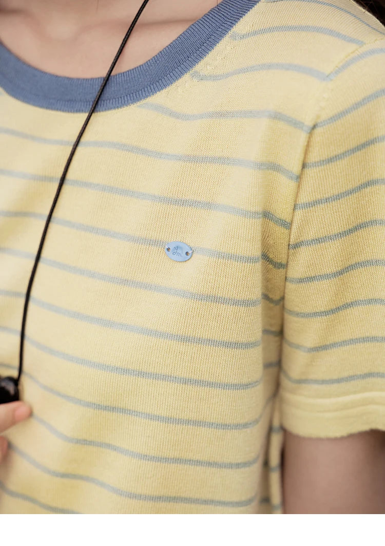 MISHOW Striped Knitted T-shirt for Women Summer 2025 Color Contrasting Round Neck Tees Wool Blended Slim Casual Top MXE35Z1270