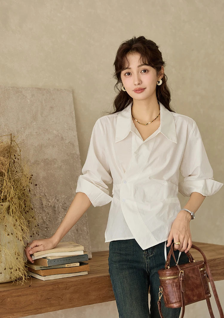 MISHOW French Side Placket Asymmetric Shirt Autumn 2025 Pleated Waist Lapel Shirts Long Sleeve Loose Commuter Tops MXD45C0357