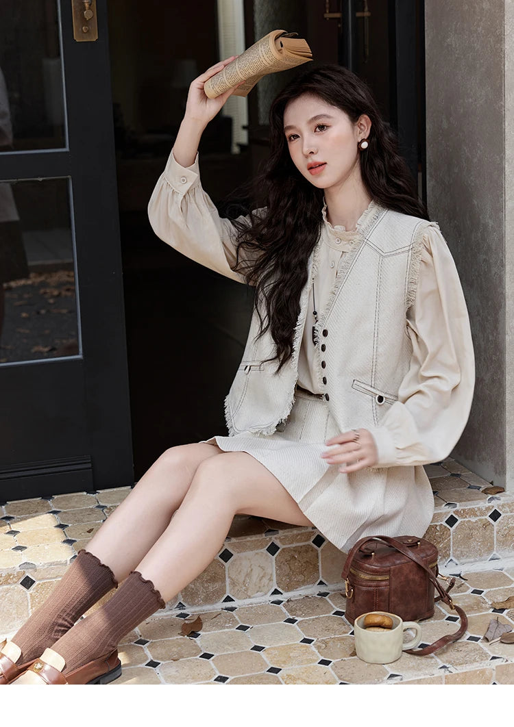 Mishow French Apricot Stand Collar Shirt & Pleated Mini Skirt Set MXD48C0365