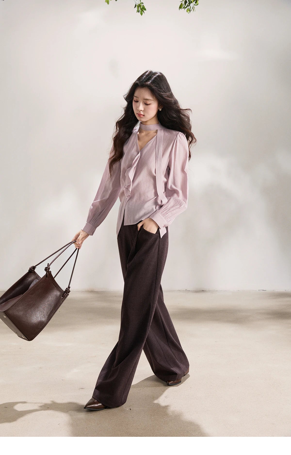 MISHOW Women's Purple Sweet Shirts 2026 Spring Ribbon V-Neck Ruffled Asymmetrical Shirt Back Lace-up Waist Casual Top MXF13X2527