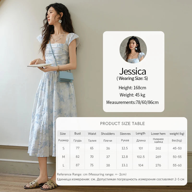 MISHOW Women's Fashion Print Dress 2025 Summer Square Neck Flying Sleeve Vacation High Waist Dresses Women's Clothing MXE35L2274