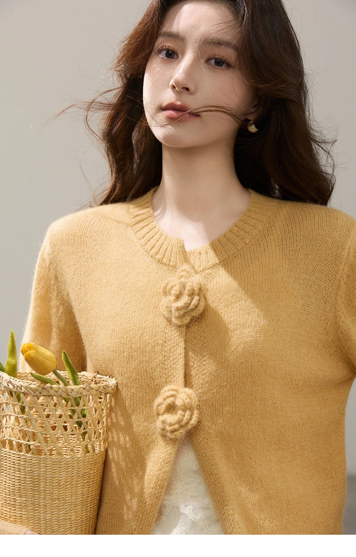 MISHOW Women's Flower Decor Mohair Fork Knit Cardigan 2026 Spring Crew Neck Long Sleeve Tops Casual Solid Sweater MXF15Z3051