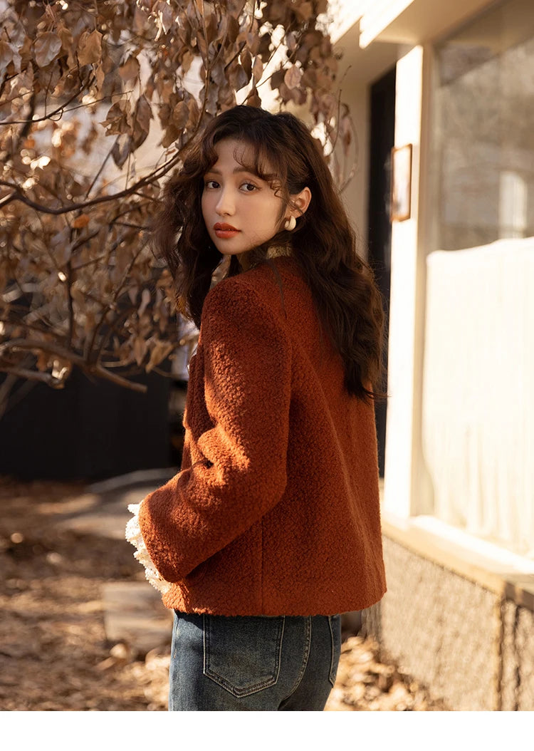 MISHOW Wool Coat for Women Winter Korean Retro Lace Splicing Lamb Wool Button Pockets Thickened Warm Female Coat MXB43W0720