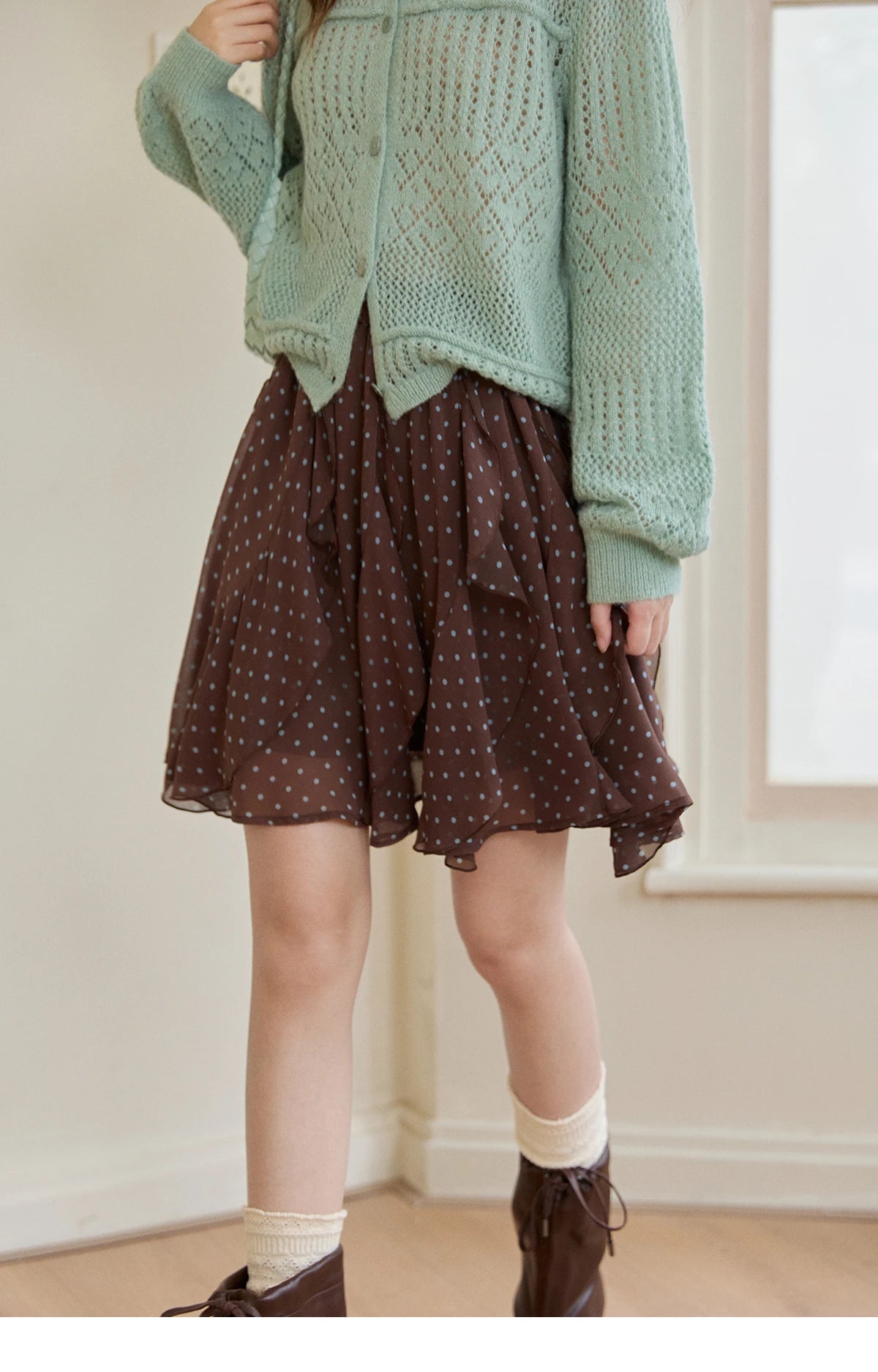 MISHOW Women's Brown Polka Dot Skirt Spring Irregular Ruffled Chiffon Elastic Waist Skirts Casual A-line Mini Skirt MXF13B2476