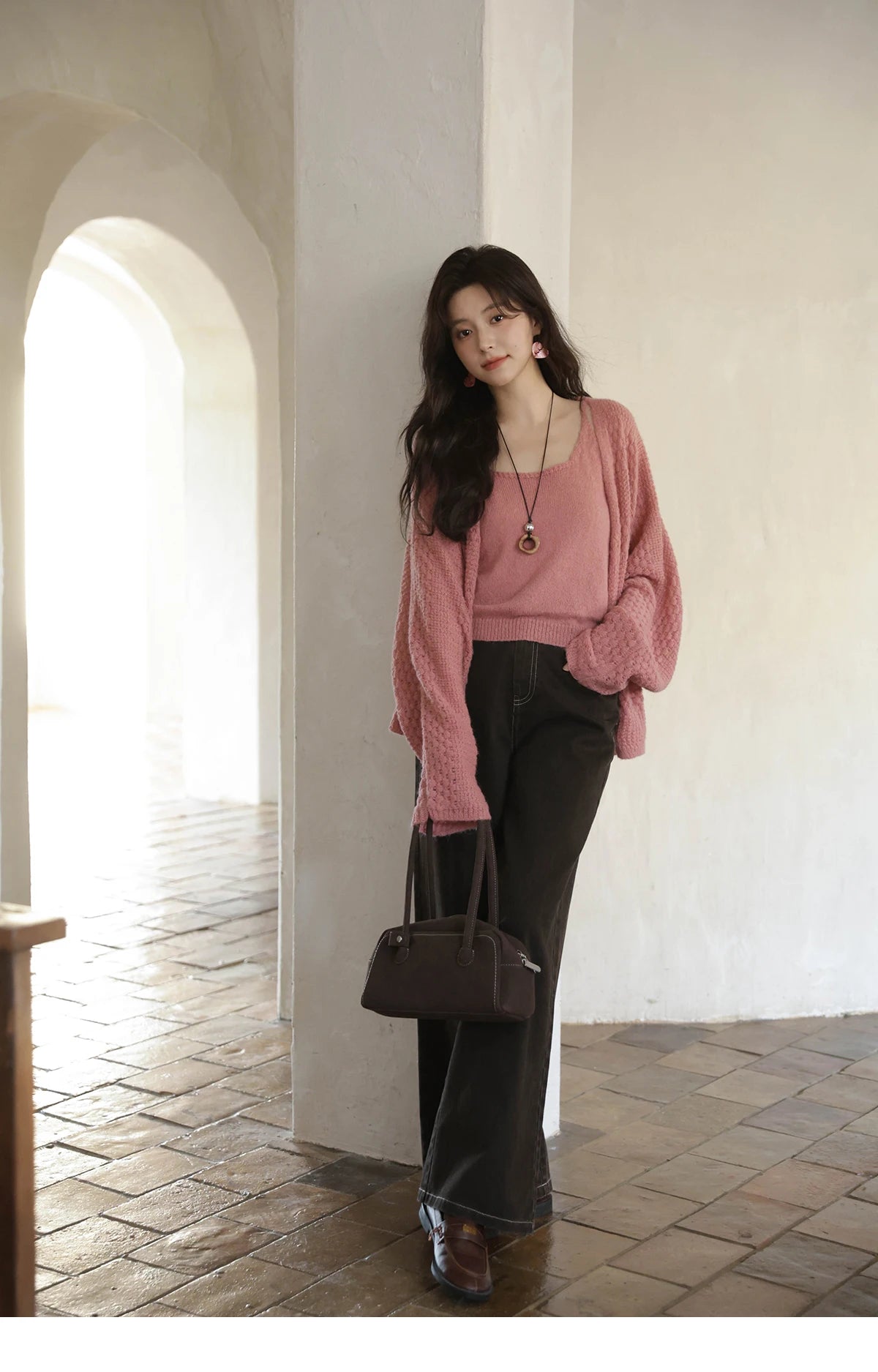 MISHOW Women's Pink Knit Two-Piece Set 2025 Autumn Sweet Long Sleeves Cardigan with Vest Casual Women's Clothes Set MXE44T0737