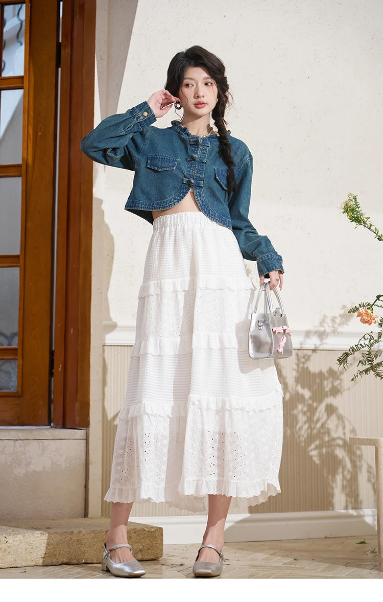 MISHOW Retro Chinese Buckle Denim Short Jacket U-neck Vest Dress Separately 2025 Autumn Casual Coat Knee-Length Dress MXD14L1771