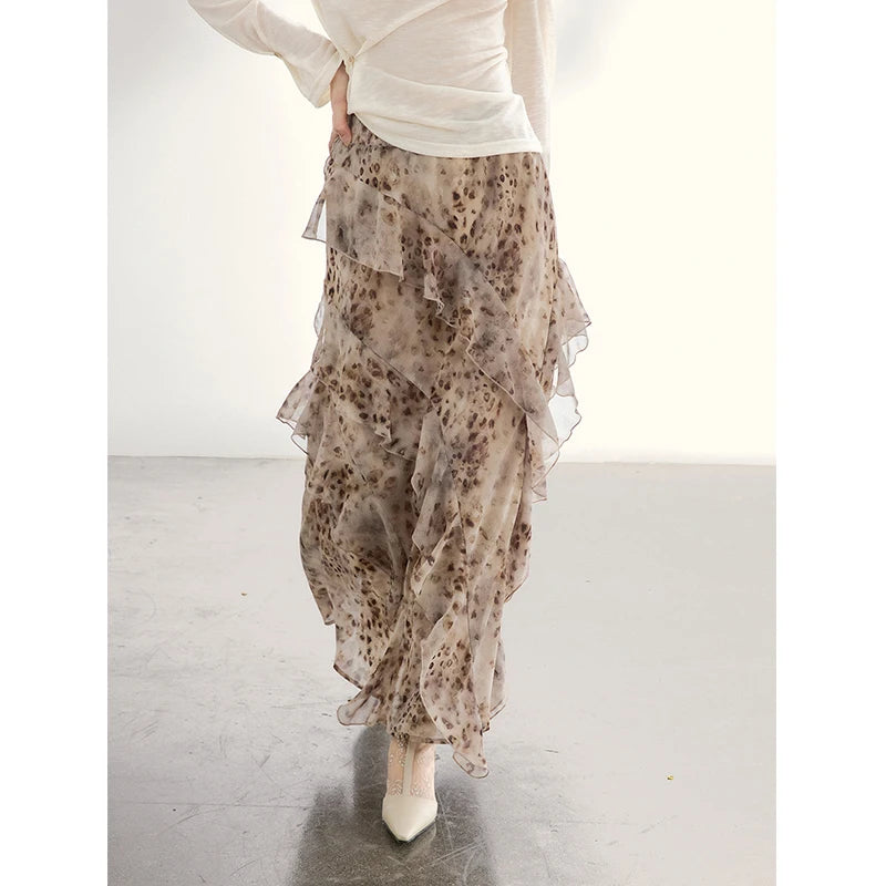 MISHOW Women's Leopard Print Maxi Skirt Spring Ruffled Chiffon Elastic Waist Skirts Casual Retro Flowy Long Skirt MXF108B0772