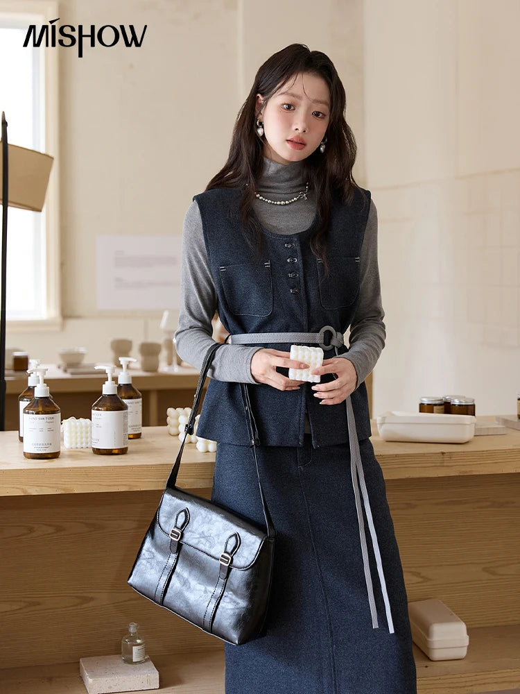 MISHOW Blue Three-piece Suit for Women 2025 Autumn Sleeveless Vest Straight Midi Skirt Slim Knit Tops Skirt Set  MXE49T1421