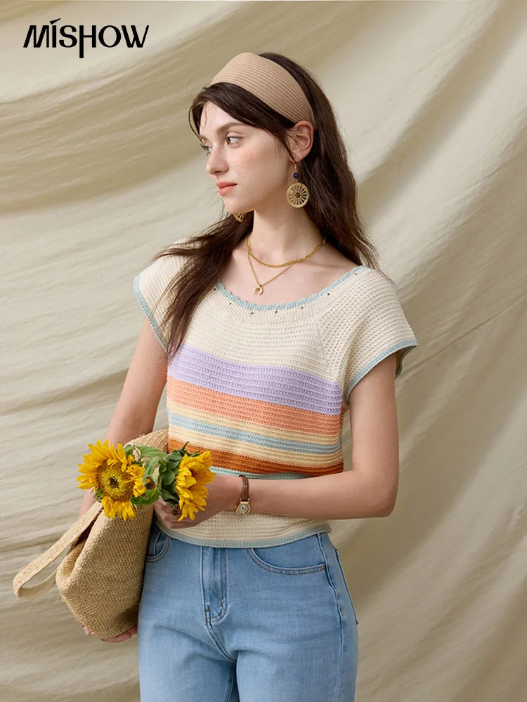 MISHOW Casual Stripe Knitted Pullover Women Summer New 2025 Short Sleeve Round Neck Slimming Tops Female Office Lady MXE31Z1222