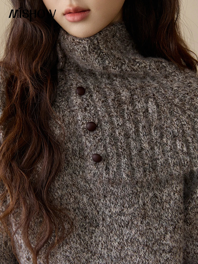 MISHOW Women's Gray Knit Sweater with Neckwear Scarf 2025 Winter Textured Button Decor Loose Warm Pullover Sweater MXE94Z2978