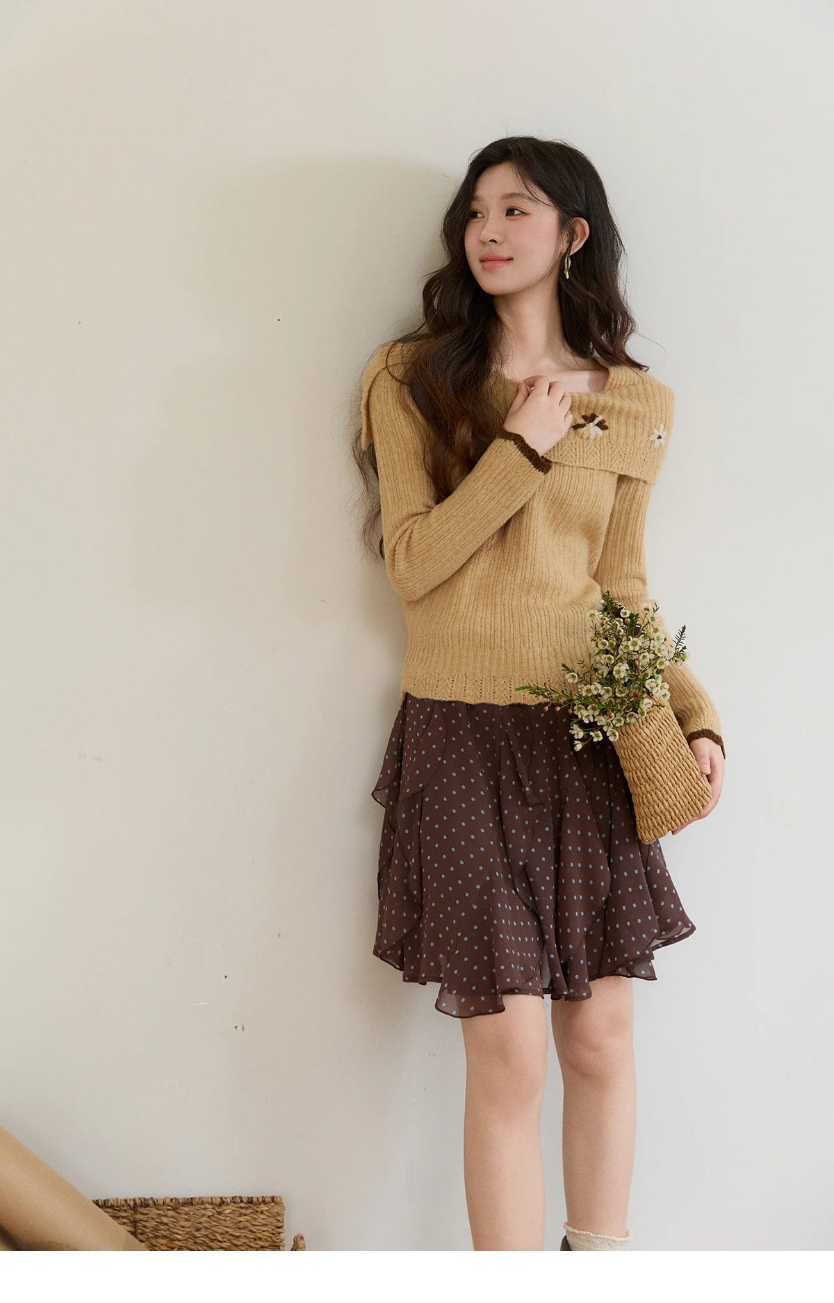 MISHOW Women's Yellow Ribbed Knit Sweater 2026 Spring One Shoulder Collar Floral Embroidery Long Sleeve Thin Sweaters MXF11Z2894