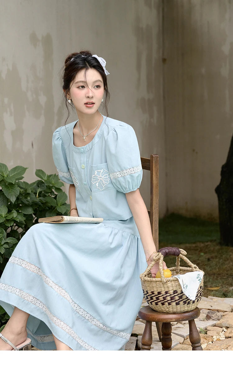 MISHOW Blue Pocket Patchwork Lace Shirt Elastic Waist Skirt Separately 2024 Summer Korean Round Neck Top Sweet Skirts MPD22B0450