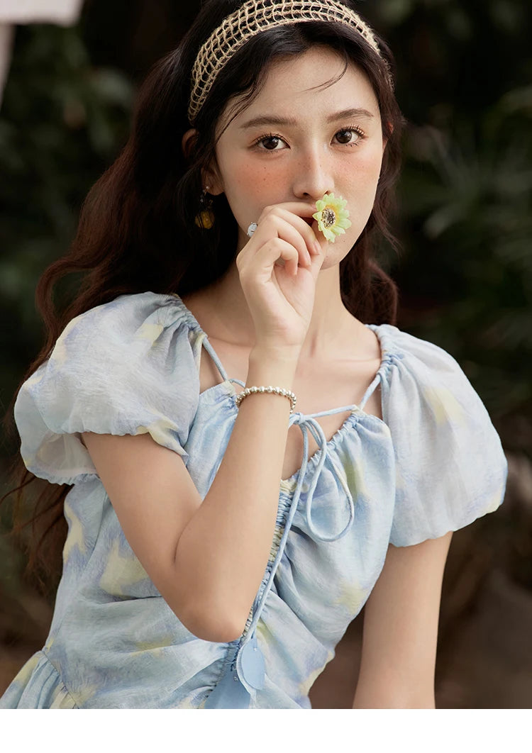 MISHOW V-Neck Lace-Up Puff Sleeve Midi Dress MXE34L2227