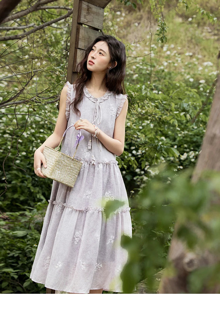 MISHOW Summer Embroidered Dress for Women 2025 New Round Neck Ruffled Sleeveless A-line Midi Dresses Female Fashion MXE33L2231