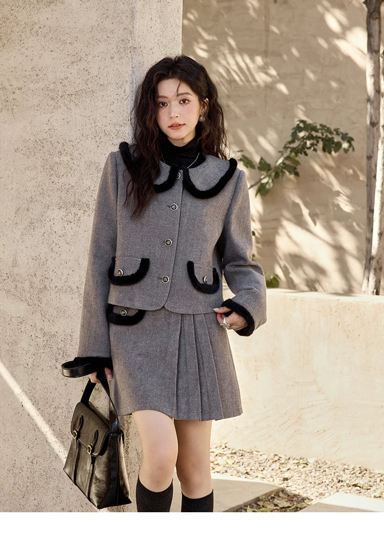 MISHOW Plaid Tweed Jacket Short Skirt Separately Women 2024 Winter Fashion Korean Collar Jacket Half Pleated Skirt MXD43W0442