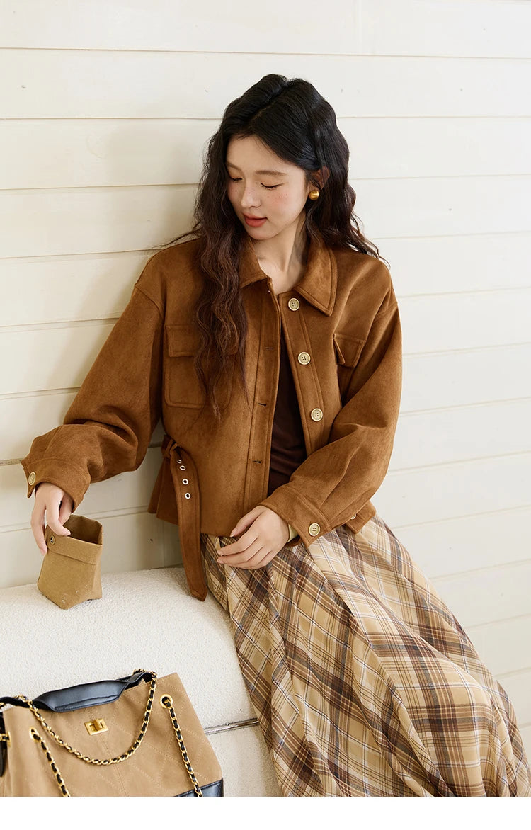 MISHOW Short Jacket for Women 2025 Autumn New Brown Lapel Metal Button Decorated Jacket Windproof Commuter Outerwear MXE46W0864